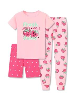 Girls Pajama Set Shorts Pants Short Sleeve Shirt Summer Strawberry Size 10